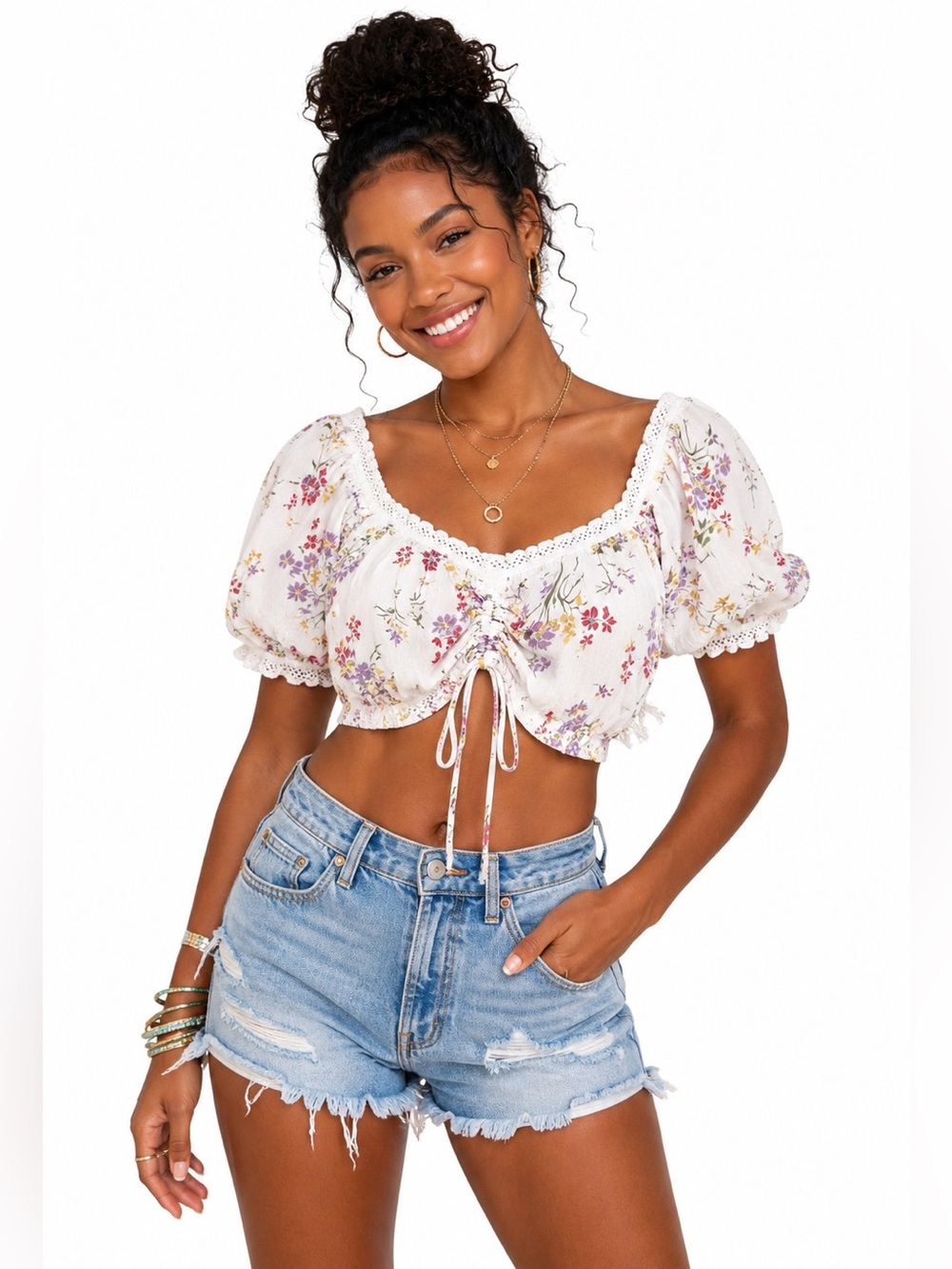 American‎ Eagle Outfitters White Floral Cropped Drawstring Peasant Top